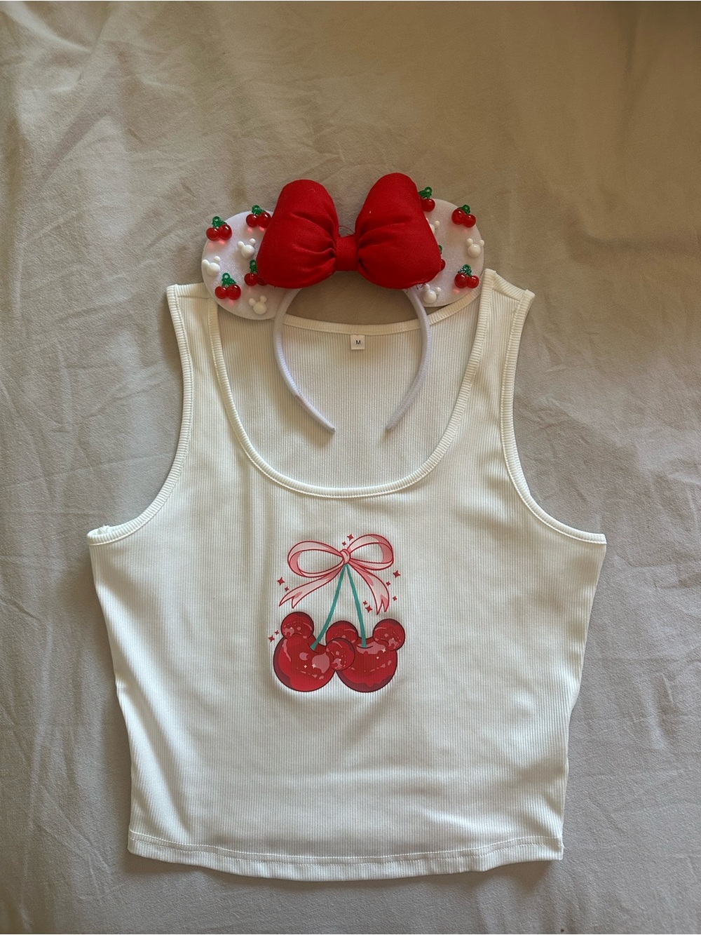 White Ribbed Cherry Graphic Tank Top